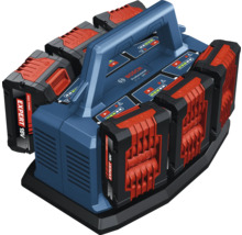 Chargeur multiple Bosch Professional 18 Volt avec six batteries et poignée de transport.