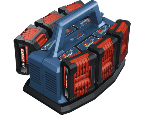 Chargeur multiple Bosch Professional 18 Volt avec six batteries et poignée de transport.