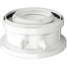 Élément de base pour traversée de toit en plastique blanc pour conduits de fumée concentriques.