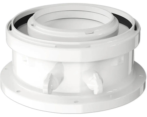 Élément de base pour traversée de toit en plastique blanc pour conduits de fumée concentriques.
