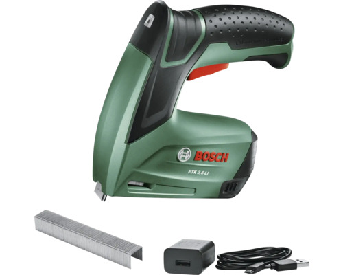Bosch Akku-Tacker PTK 3,6 LI inklusive Klammern, USB-Ladekabel und Netzteil.