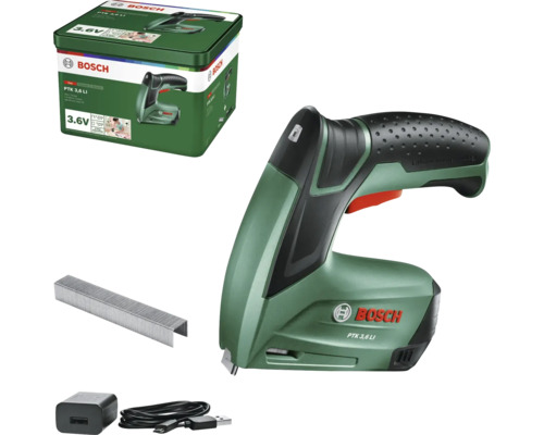 Bosch Akku-Tacker PTK 3,6 LI mit 3,6 Volt, inklusive Klammern, Ladegerät und Aufbewahrungsbox aus Metall.