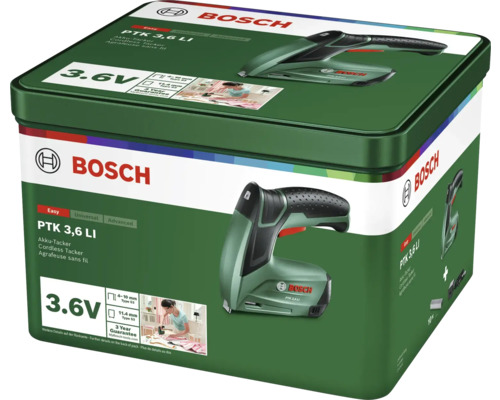 Bosch Akku-Tacker PTK 3,6 LI mit 3,6 Volt in einer Metallbox.