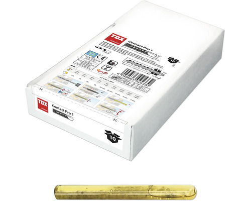 Chevilles chimiques TOX Contact Pro 1, boîte de 10 pièces et une capsule de résine individuelle. TOX Logo et conformité européenne.