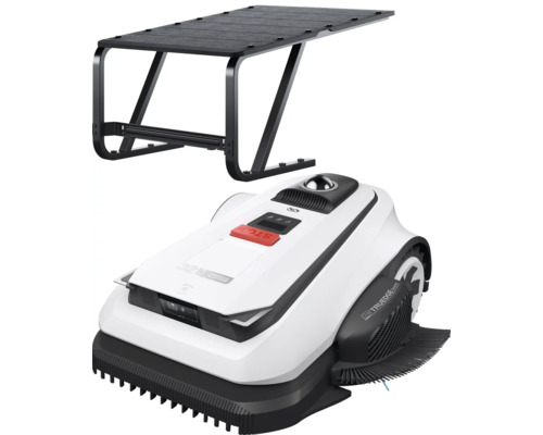 Robot tondeuse avec abri, boîtier blanc, bouton d arrêt rouge et structure de toit noire en métal et bois.