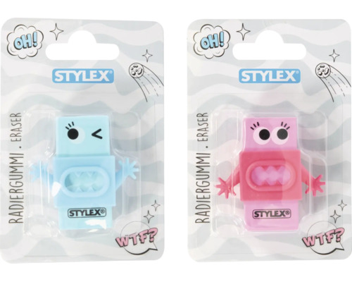 Stylex Radiergummi im Monster-Design, blau und pink, in Blisterverpackung.