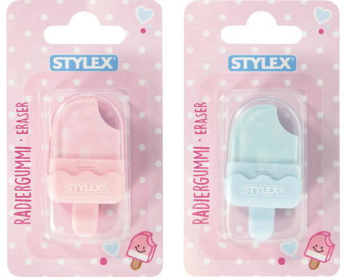 Zwei Stylex Radiergummis in Form von Eis am Stiel, rosa und blau, einzeln verpackt.
