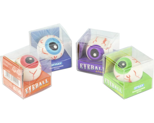Stylex Radiergummi in Augapfel-Optik in einer Kunststoffbox, in verschiedenen Farben erhältlich.