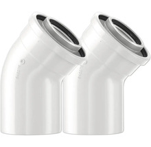 Coude concentrique 45 degrés en plastique blanc pour conduit d'évacuation des fumées avec joint.