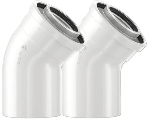 Coude concentrique 45 degrés en plastique blanc pour conduit d'évacuation des fumées avec joint.