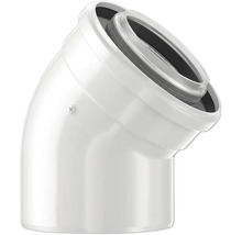 Coude 45 degrés en plastique blanc avec joint pour systèmes d'évacuation ou de ventilation.