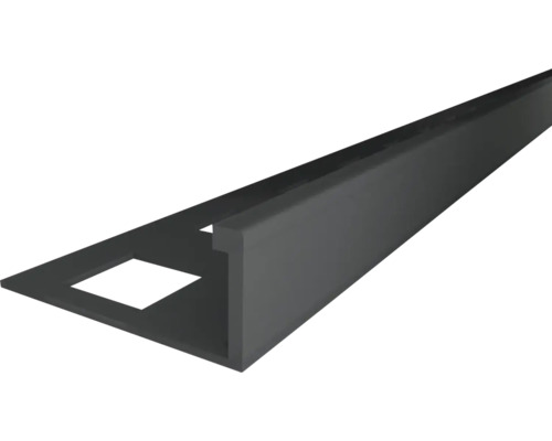 Profilé de finition en L pour carrelage en aluminium noir avec perforations carrées.