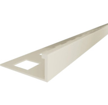 Profilé pour carrelage beige en forme de L en plastique avec aile de fixation à perforation carrée.