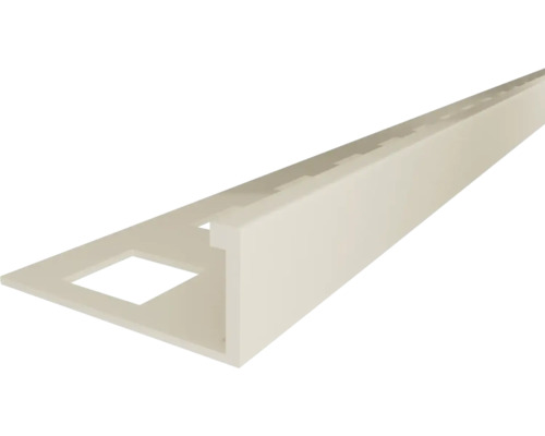 Profilé pour carrelage beige en forme de L en plastique avec aile de fixation à perforation carrée.