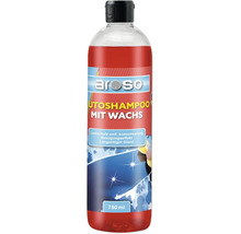 aroso Autoshampoo mit Wachs zur Lackreinigung, Konservierung und für Glanz, 750 Milliliter Flasche mit roter Flüssigkeit.