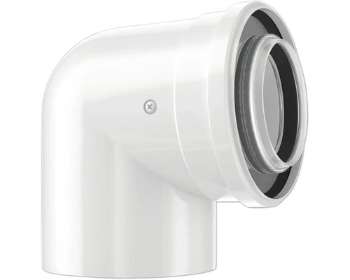 Coude pour conduit d evacuation des fumees 90 degres concentrique en plastique blanc.