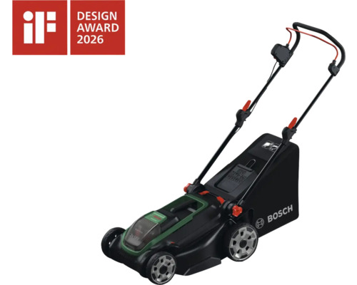 Bosch Akku-Rasenmäher mit Grasfangsack, iF Design Award 2026 Auszeichnung und Bosch Logo.