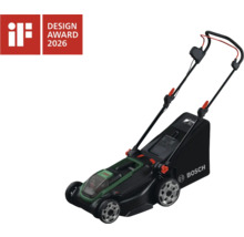 Bosch Akku-Rasenmäher mit Grasfangsack, iF Design Award 2026 Auszeichnung und Bosch Logo.