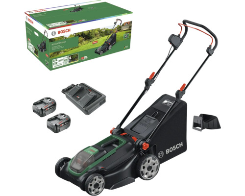Bosch Akku-Rasenmäher Rotak 18V2-43 mit zwei 18 Volt Akkus, Ladegerät und Grasfangkorb inklusive Originalverpackung.