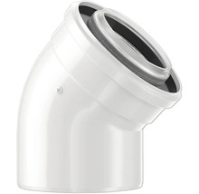 Coude concentrique 45 degrés pour évacuation des fumées en plastique et métal blanc.