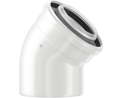 Coude concentrique 45 degrés pour évacuation des fumées en plastique et métal blanc.