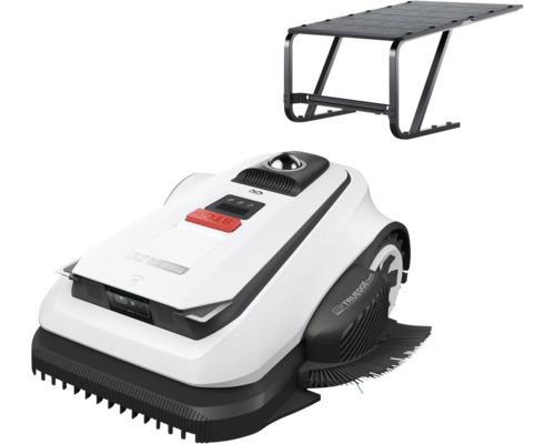 Mähroboter mit weißem Gehäuse, schwarzen Details und roter Stopp-Taste, inklusive schwarzem Garagendach.
