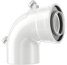 Coude d évacuation en plastique blanc, angle de 90 degrés avec joint d étanchéité pour installations sanitaires.