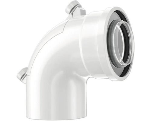 Coude d évacuation en plastique blanc, angle de 90 degrés avec joint d étanchéité pour installations sanitaires.