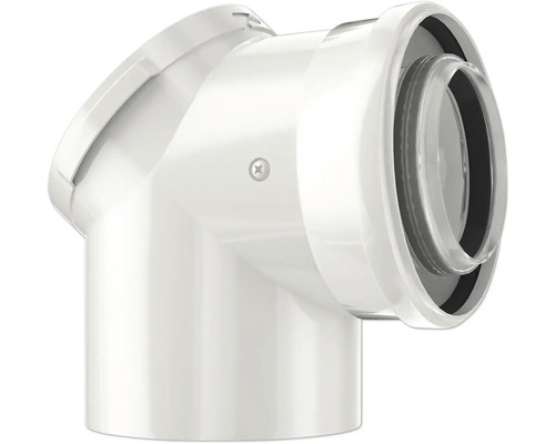 Coude d'évacuation blanc avec trappe de visite et joints internes pour installations de chauffage.