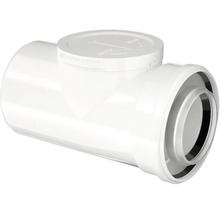 Té de visite en plastique blanc pour tuyaux d'évacuation avec bouchon de dégorgement et joints.