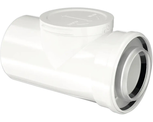 Té de visite en plastique blanc pour tuyaux d'évacuation avec bouchon de dégorgement et joints.