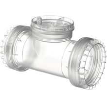 Raccord en T transparent en plastique pour raccordements de tuyaux.