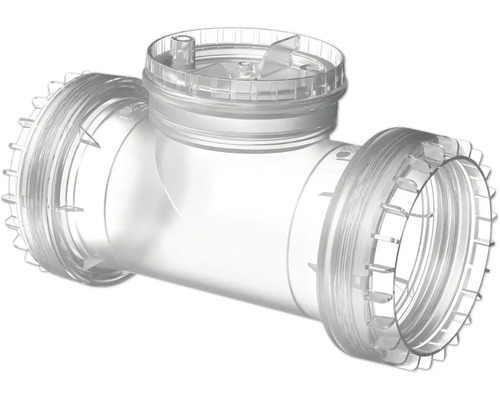 Raccord en T transparent en plastique pour raccordements de tuyaux.