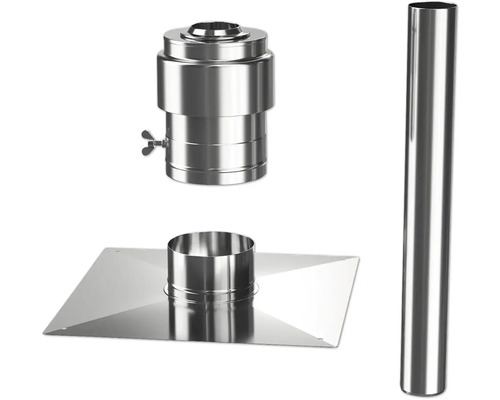 Kit de cheminée en acier inoxydable comprenant un conduit, un solin de toit et un raccord.