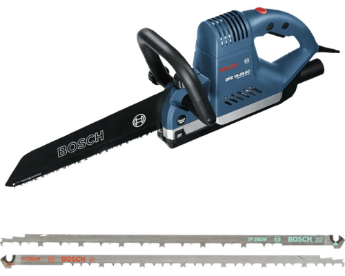 Bosch Elektro-Fuchsschwanzsäge GFZ 16-35 AC mit zwei Sägeblättern für präzise Schnitte in verschiedene Materialien.