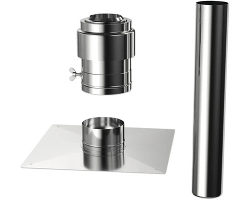 Kit de raccordement de cheminée en acier inoxydable avec plaque de base, adaptateur à vis papillon et tuyau long.