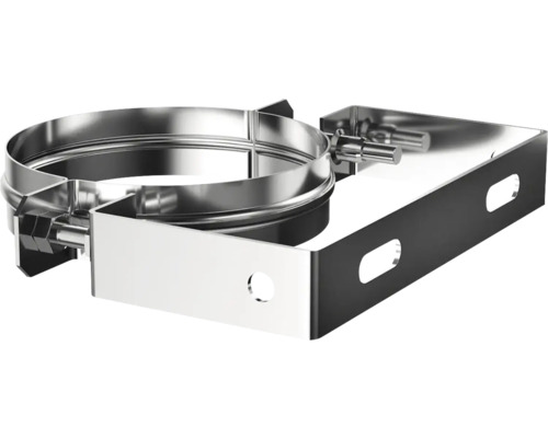 Wandhalterung aus Metall für Rohre mit runder Klemmschelle.