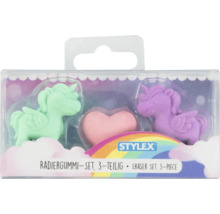 Stylex Radiergummi-Set 3-teilig mit einem grünen und lila Einhorn sowie einem rosa Herz in einer Kunststoffverpackung, Stylex Logo.