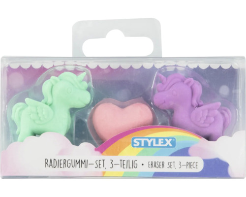 Stylex Radiergummi-Set 3-teilig mit einem grünen und lila Einhorn sowie einem rosa Herz in einer Kunststoffverpackung, Stylex Logo.