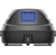 Rückansicht eines grau-schwarzen Poolreinigungsroboters mit blauem Griff, Bürsten und einem zentralen Rad.