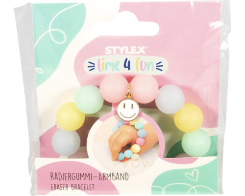 Stylex Radiergummi-Armband in Pastelltönen mit Smiley-Anhänger.