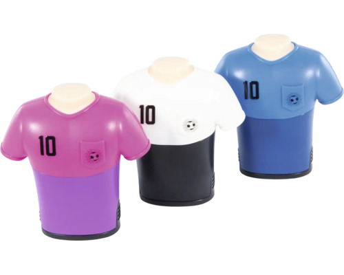 Dräi Anspetzer a Form vu Fussballstrikote mat der Nummer 10 a Fussballsymbol.