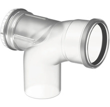 Raccord en T en plastique transparent pour tuyaux d'évacuation avec joints.