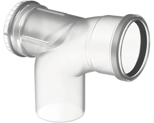 Raccord en T en plastique transparent pour tuyaux d'évacuation avec joints.