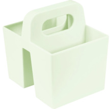 Grüne Aufbewahrungsbox aus Kunststoff mit zwei Fächern und Tragegriff.