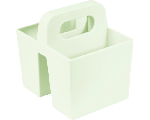 Grüne Aufbewahrungsbox aus Kunststoff mit zwei Fächern und Tragegriff.