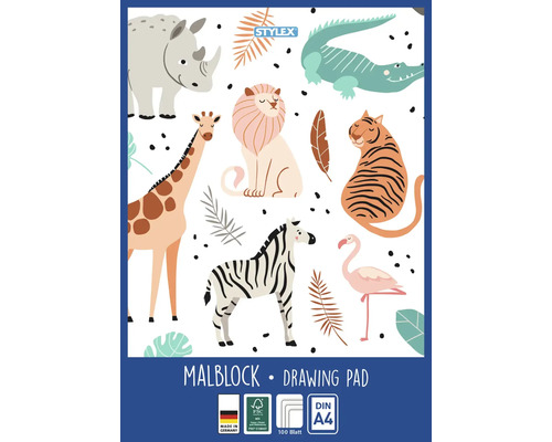 Bloc à dessin avec motifs de safari, DIN A4, 100 feuilles, Stylex Logo, FSC Mix, Fabriqué en Allemagne.