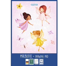 Bloc à dessin Stylex DIN A4 avec 100 feuilles, certifié FSC, fabriqué en Allemagne, motif avec fées et papillons.