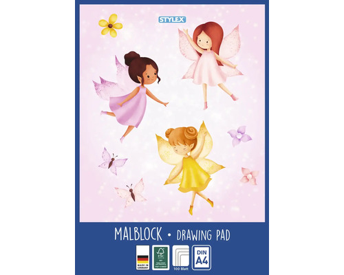 Bloc à dessin Stylex DIN A4 avec 100 feuilles, certifié FSC, fabriqué en Allemagne, motif avec fées et papillons.