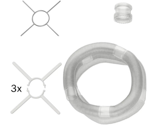 Kit d accessoires pour pompe de bassin comprenant un tuyau flexible annelé, un raccord et trois supports.